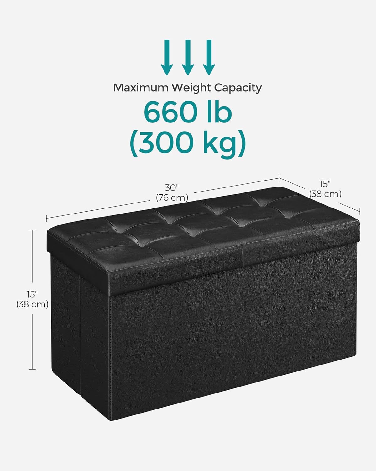 SONGMICS MAZIE Collection - 30 Inches Storage Ottoman Bench with Flipping Lid, Storage Chest Footstool, Load 660 lb, for Entryway, Living Room, Bedroom, Synthetic Leather, Black ULSF45BK