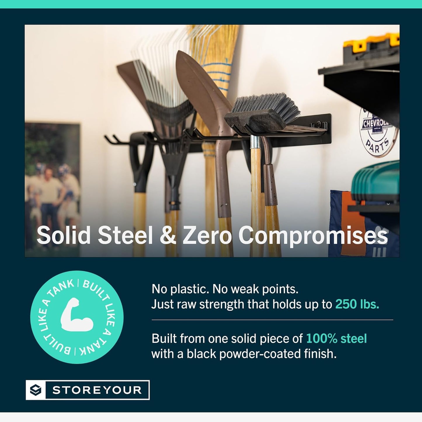 StoreYourBoard Wall-Mounted Rack With 4 Garage Hooks – Heavy-Duty Steel Holder Garage & Garden Storage for Shed, Workshop, or Home Organization – For Rakes, Shovels, Tools & More – 2 Pack, Black