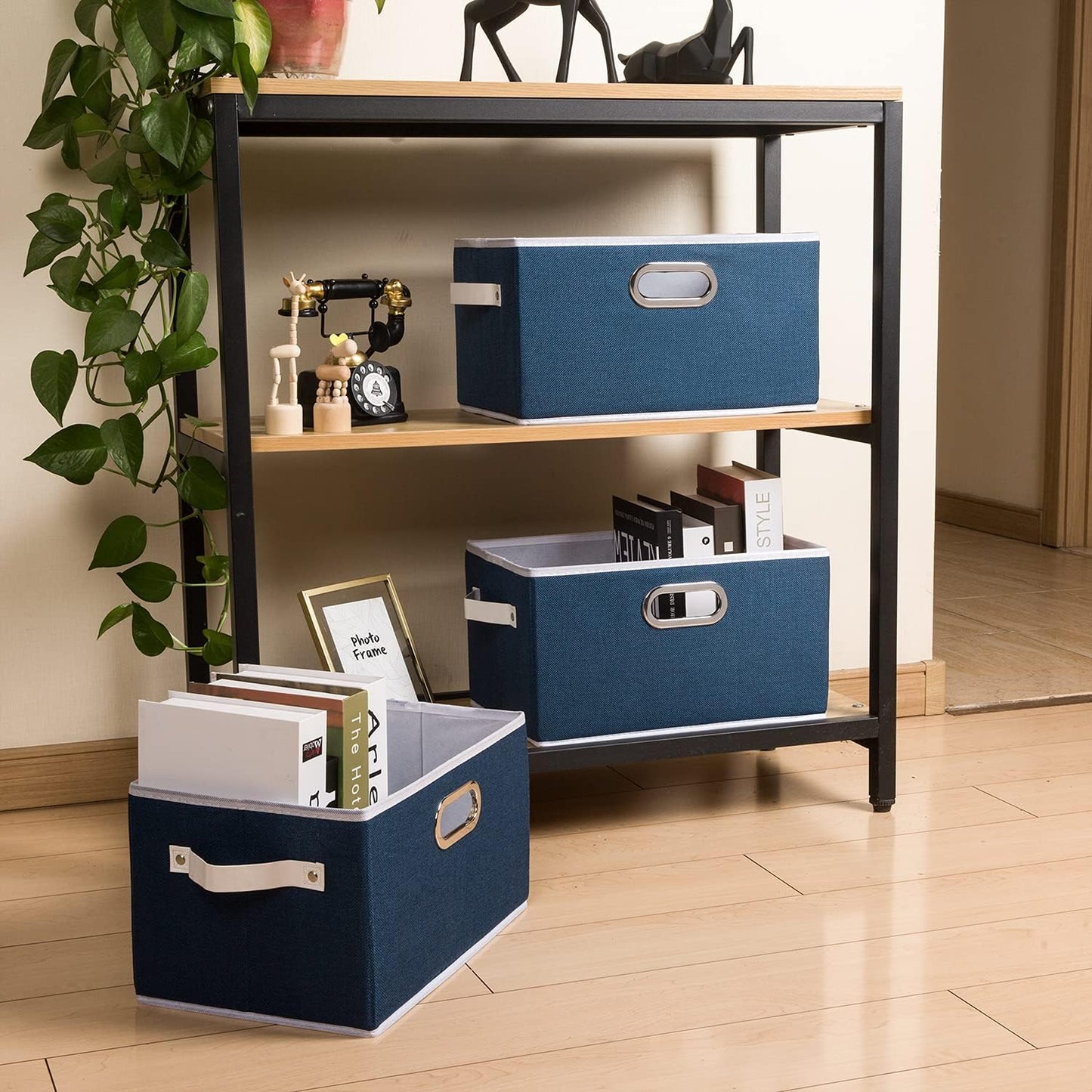 PRANDOM Large Collapsible Storage Baskets for Closet [5-pack] Decorative Fabric Storage Bins Cubes with Leather/Metal Handles for Shelves Bedroom Living Room Royal Blue (14.9x9.8x8.3 Inch)