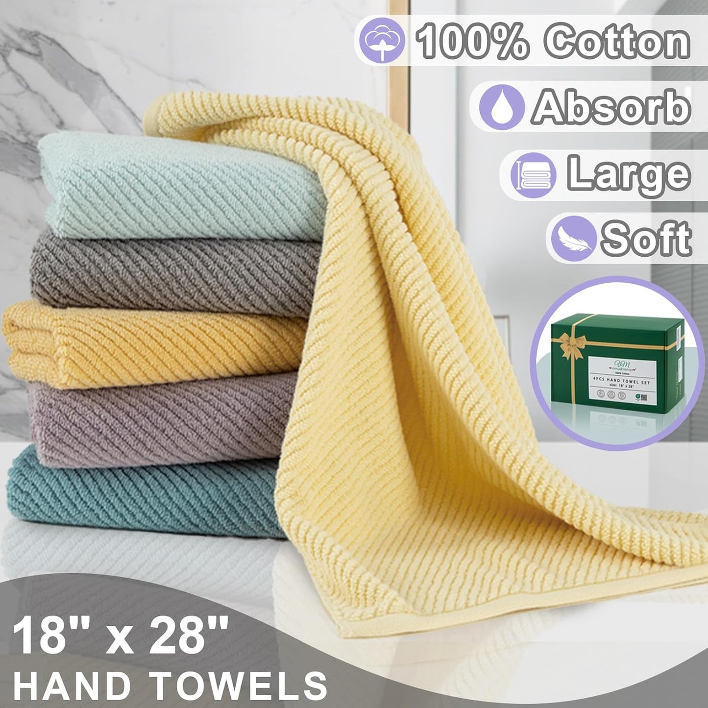 VOOVA & MOVAS Purple Hand Towels, 4PC Large 18"x 28" - 100% Cotton | Lightweight | Thick | Quick Dry | Soft | Absorbent, Hand Towels for Bathroom, Bathroom Essentials, Lavender