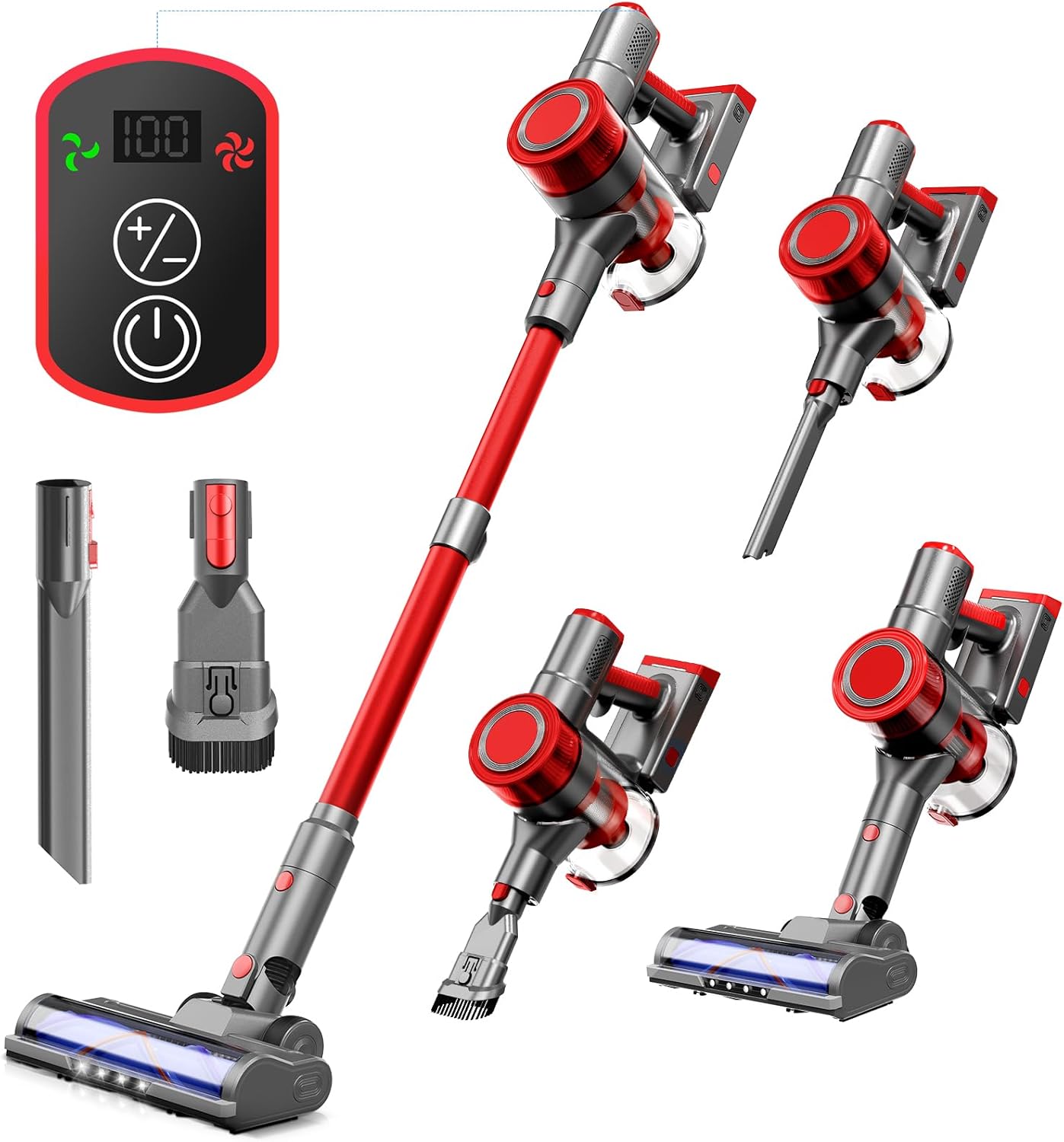 Cordless Vacuum Cleaner, Lightweight Stick Vacuum Cleaner for Home, 6 in 1, Anti-Tangle Vacuum with Powerful Suction, 180° Bendable Wand Rechargeable Cordless Vacuum for Floor Pet Hair/Carpet Deep Red