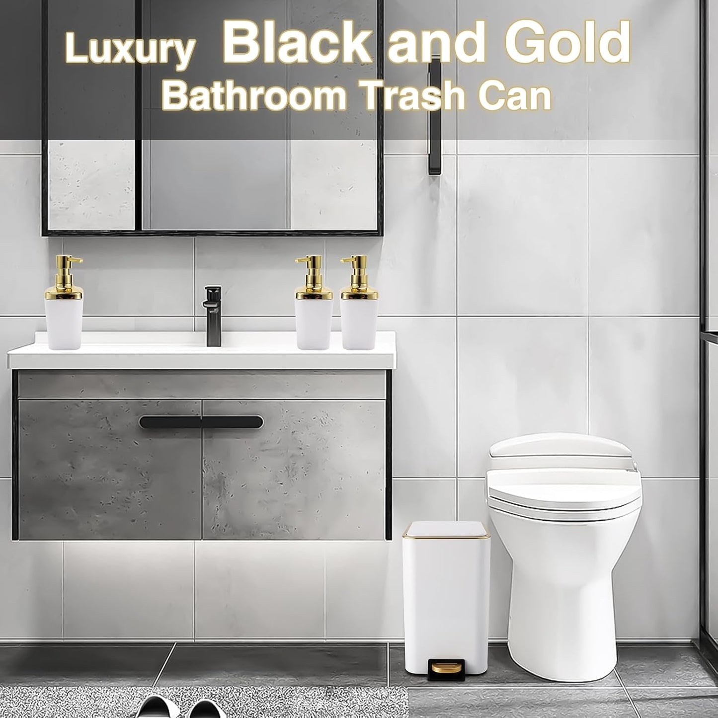 Small Bathroom Trash Can with Lid Soft Close, 1.8 Gallon Stainless Steel Garbage Can with Removable Inner Bucket,3PCS Soap Dispenser,75Count Trash Bag, Slim Step Pedal Trash Bins