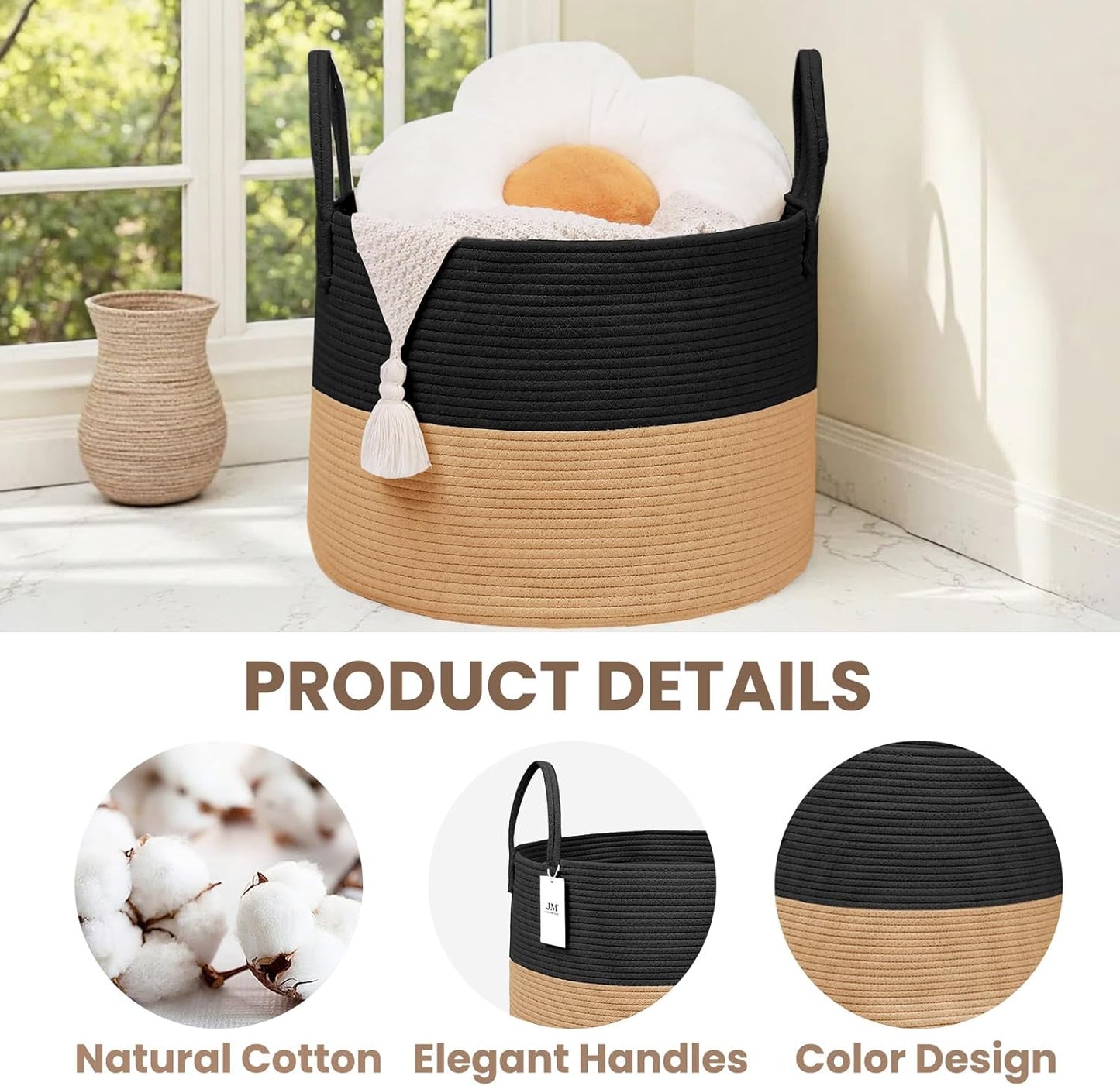 Woven Blanket Basket,115L Large Rope Storage Bin with Handles, Organizer for Blankets Toys Book and Clothes, Laundry Basket for Living Room Bedroom Nursery,Black&Jute