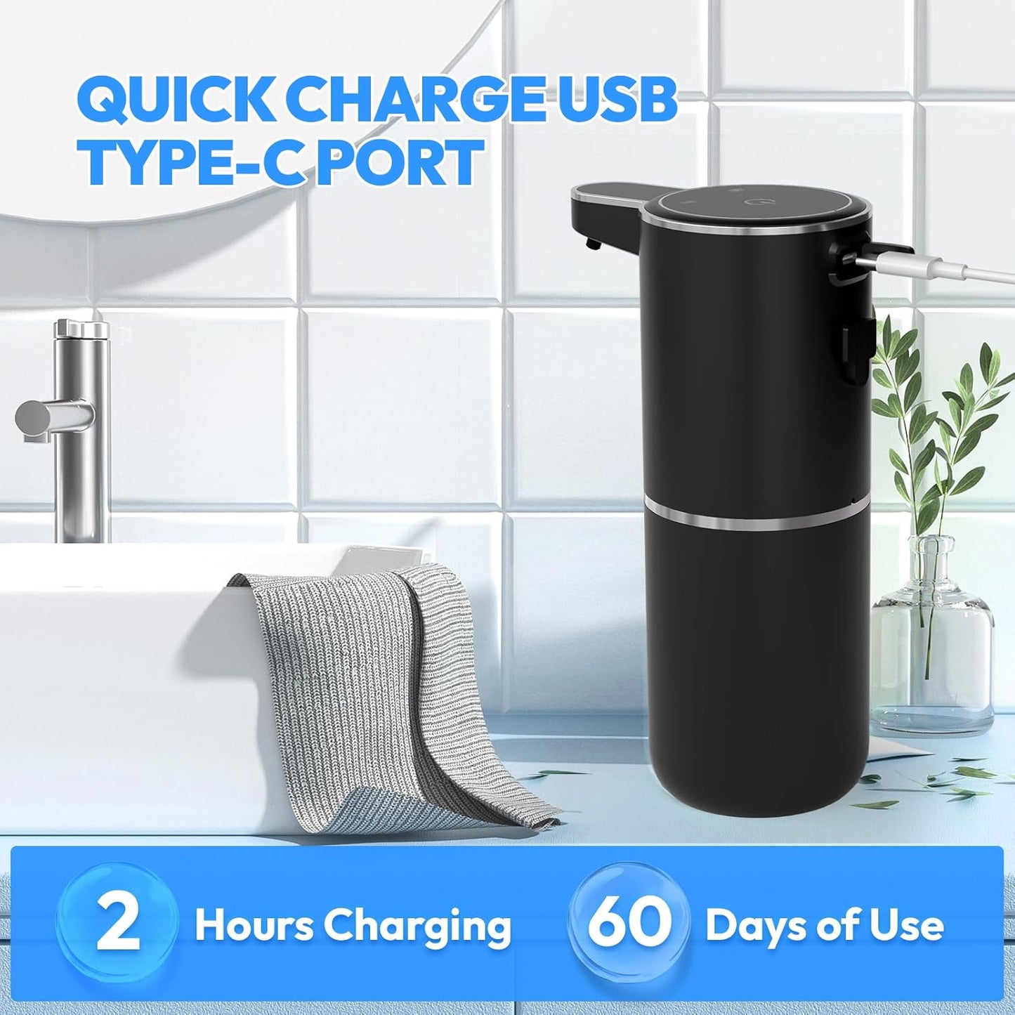 Automatic Foaming Soap Dispenser,Touchless Foam Soap Dispenser,12.8oz Rechargeabled Wall Mounted Smart for Bathroom and Kitchen Dish Soap,Easy for Toddlers(Black)