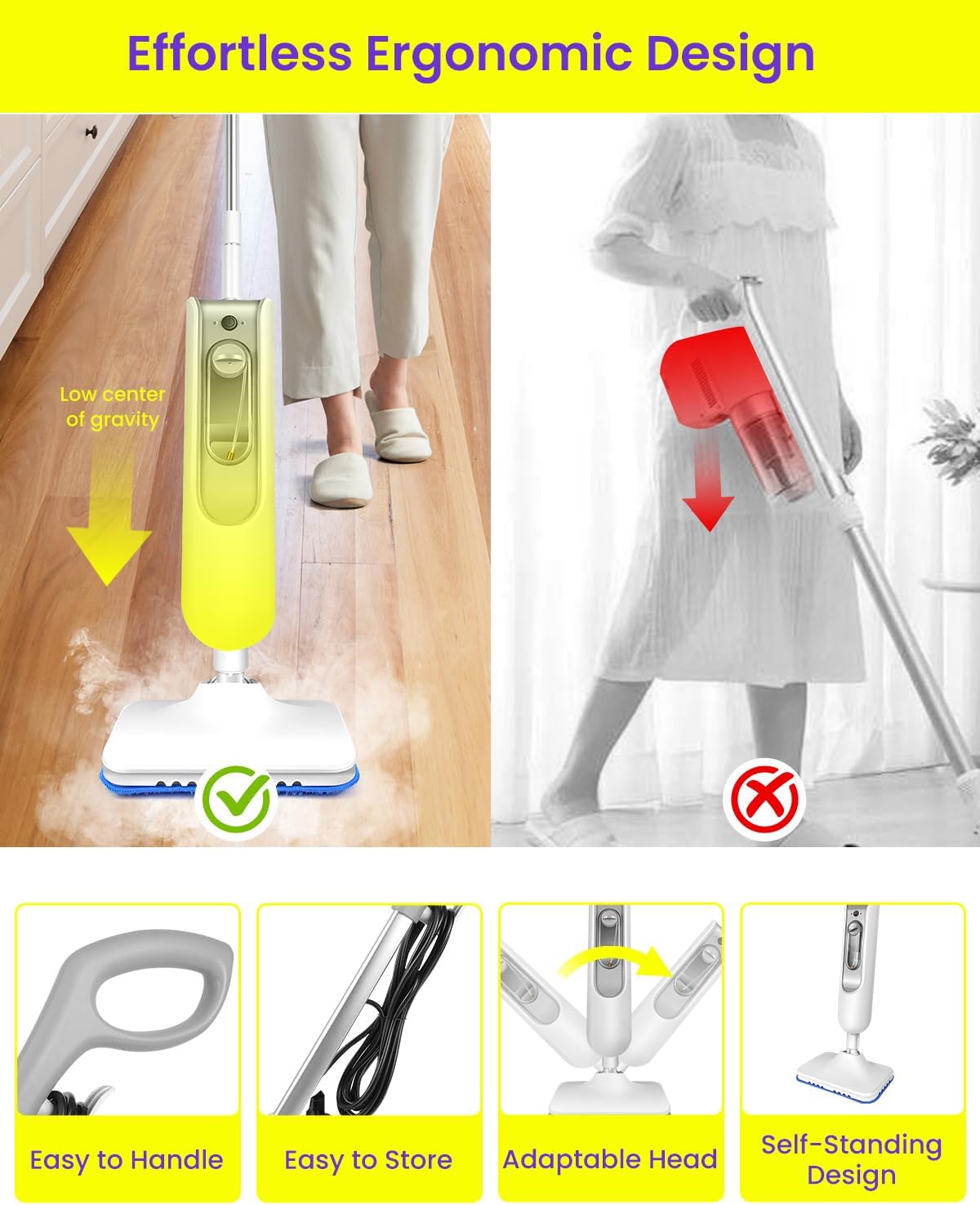 Steam Mop for Floor Cleaning, Effortless Ergonomic Design Floor Steamer for Hardwood and Tile, Adjustable Steam Modes, 1500W High Power, 16.4ft Cord, 400Ml XL Tank, 2 Washable Pad