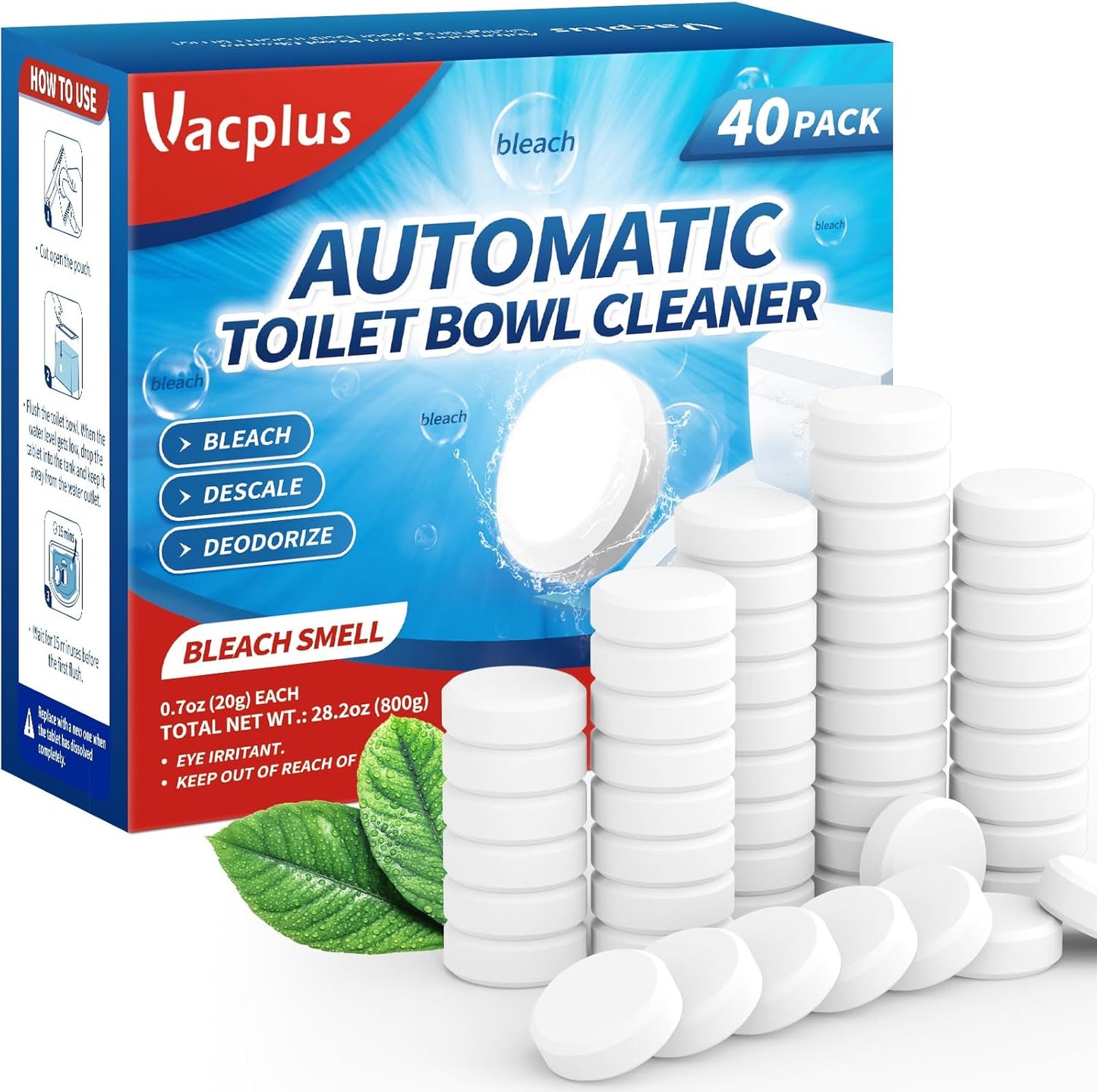 Vacplus Toilet Bowl Cleaner Tablets 40 PACK, Automatic Cleaners with Bleach, Slow-Releasing Toilet Tank Cleaners for Deodorizing & Descaling, Household Toilet Cleaners against Tough Stains