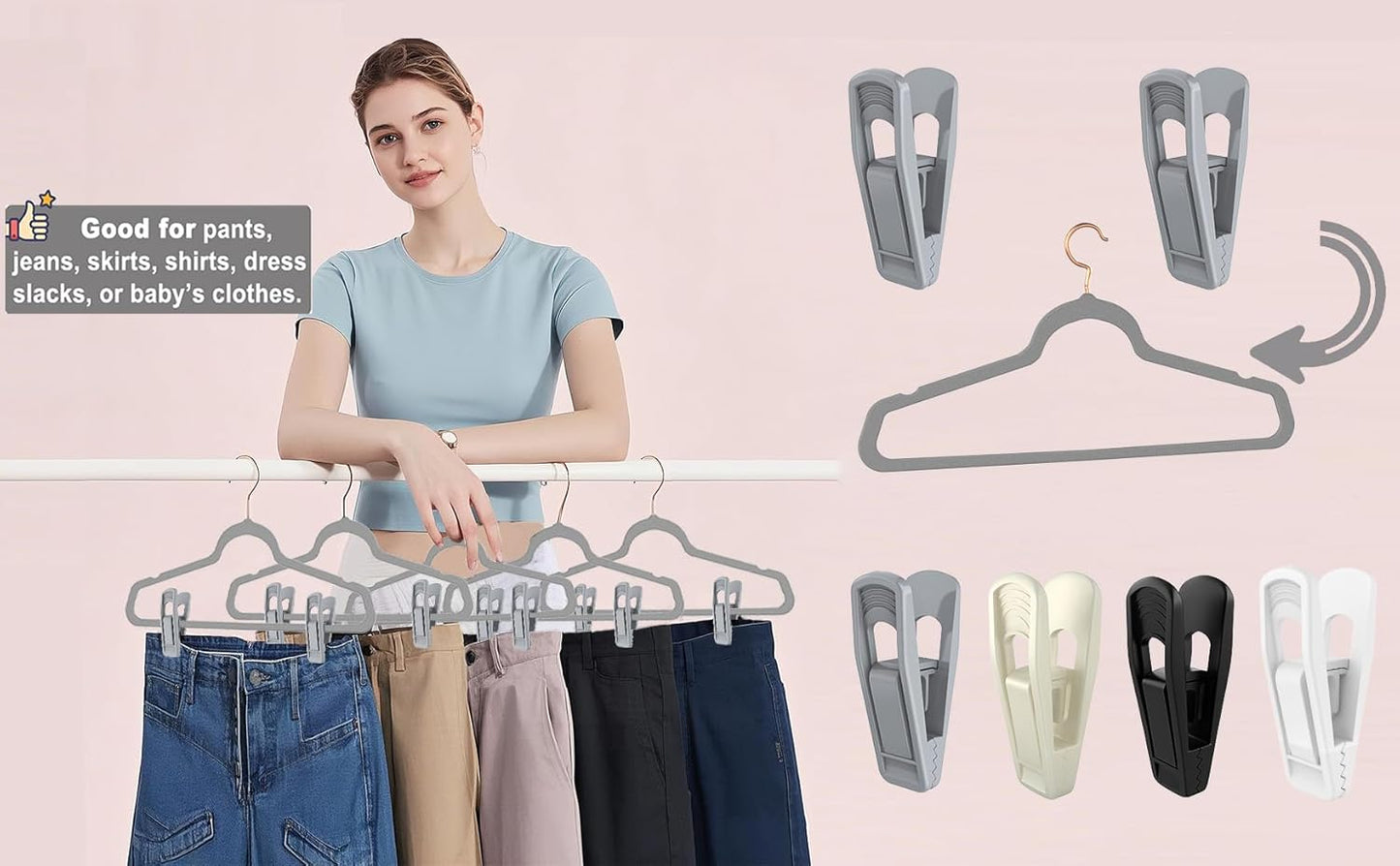 Hanger Clips Perfect for Velvet Hangers (Grey, 20 PCS), Strong Plastic Clips Pant Skirt Hanger Clips for Grey Flocking Felt Hangers