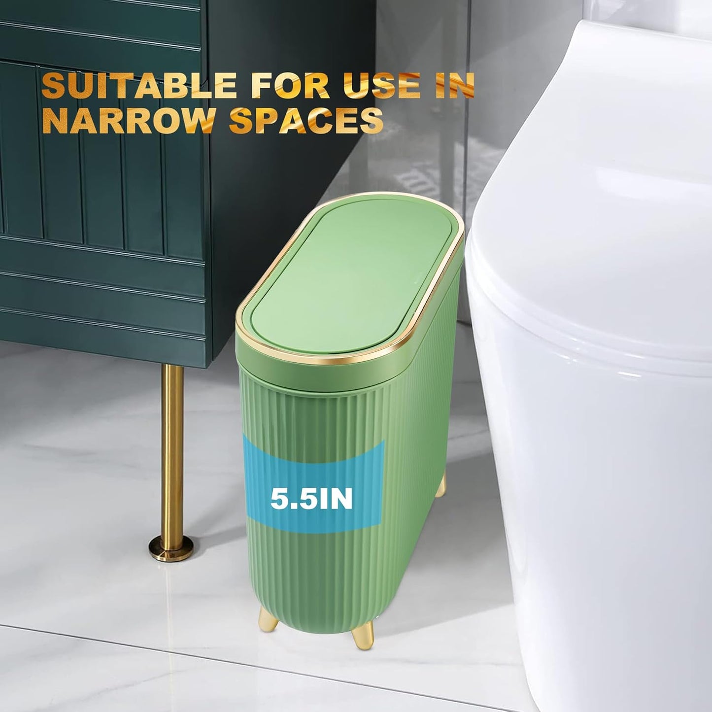 Bathroom Trash Can with Lid 3.2 Gallon Narrow Trash Can Small Plastic Trash Bin 12 Liter with Press Type Lid for Bedroom Bathroom, Mint Green