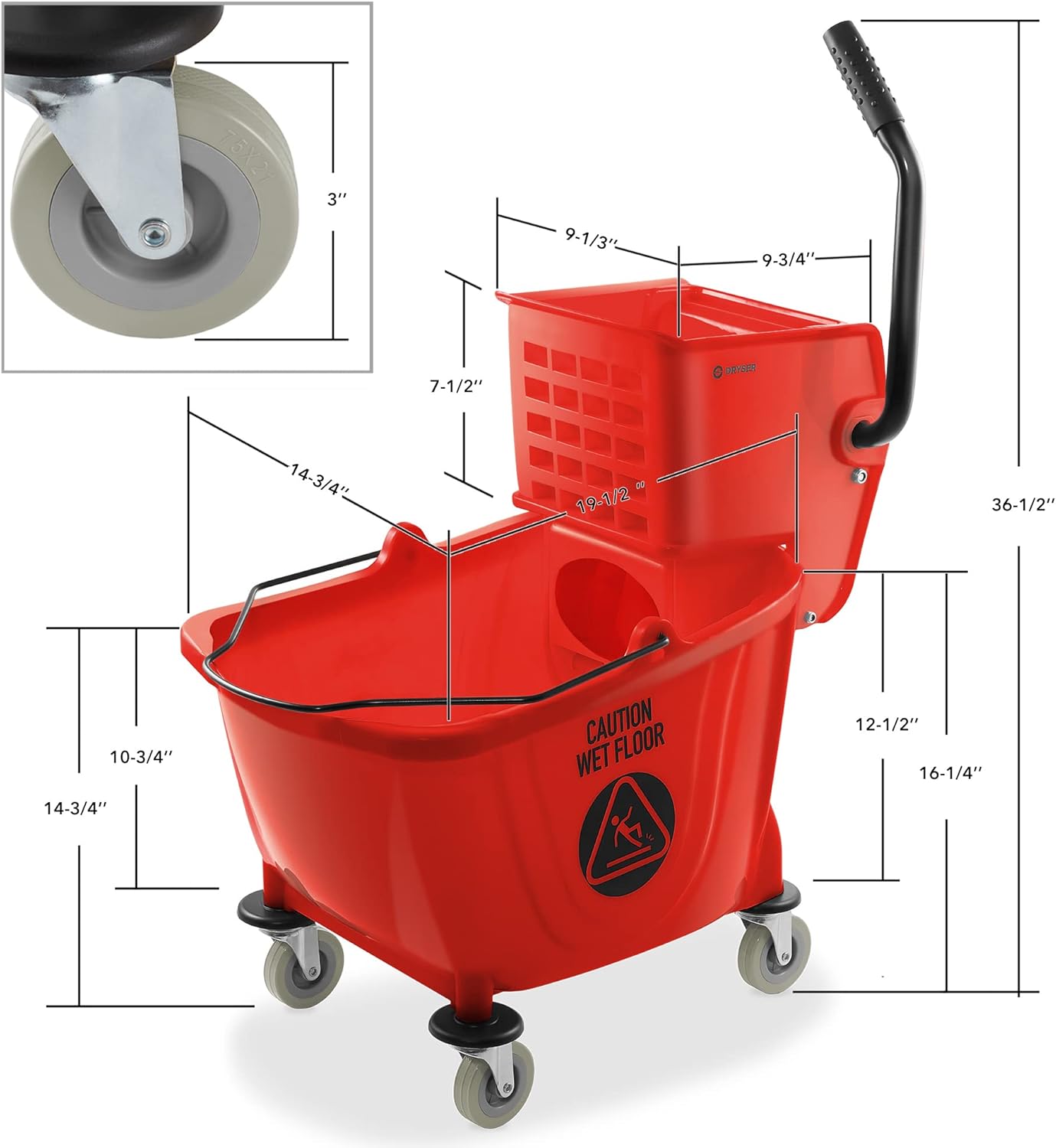 Dryser Commercial Side Press Wringer Combo Mop Bucket, 33 Quart, Red