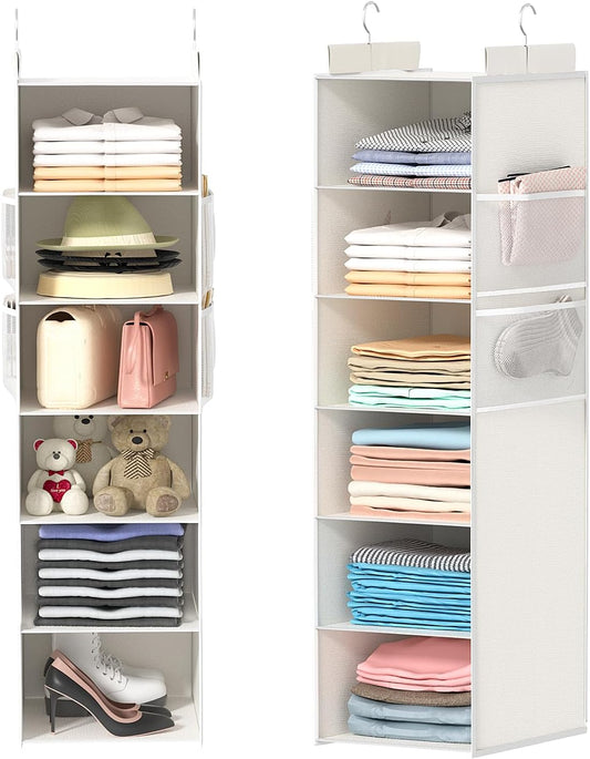 Extra Deep Hanging Closet Organizer with Shelves and Oversized Mesh Pockets, Heavy-Duty Structure, No Deformation, Max Storage for Clothes, Shoes, Hats, Dorms and RVs,1-Pack (White, 6 Tier)