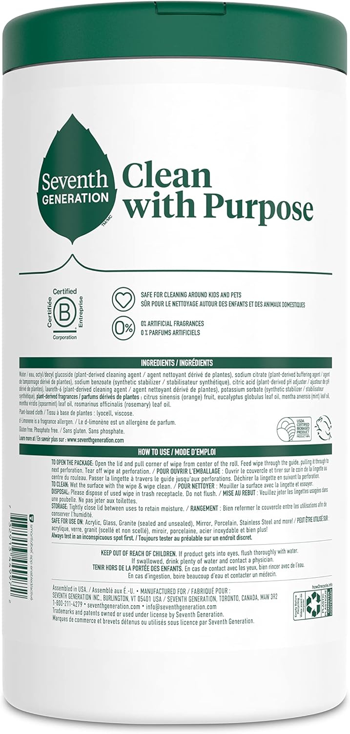 Seventh Generation Multi Purpose Wipes All Purpose Cleaning Garden Mint scent with 100% Essential Oils and Botanical Ingredients 70 count, Pack of 3