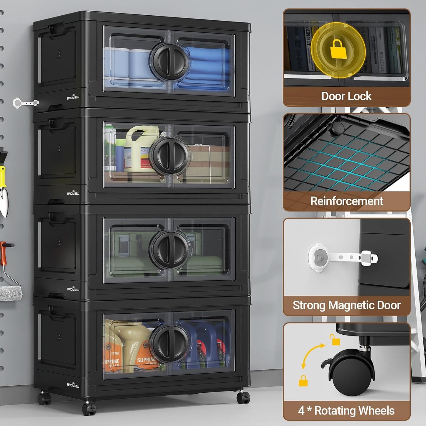 BROVIEW 360Qt Lockable Stackable Storage Bins with Lids, Closet Organizers and Storage Drawer, Collapsible Storage Bin with Wheels, Plastic Cabinet for Toy Clothes Dorm Organizer, V9 3 Pack Black