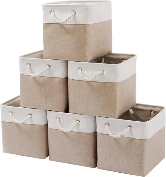 Mangata Canvas Storage Boxes, 11.8 Inch Cube Storage Bins Set of 6 for 12 Inch Cabinets, Fabric Baskets with Cotton Rope Handle for Organizing Clothes Nursery Home (Khaki/White)