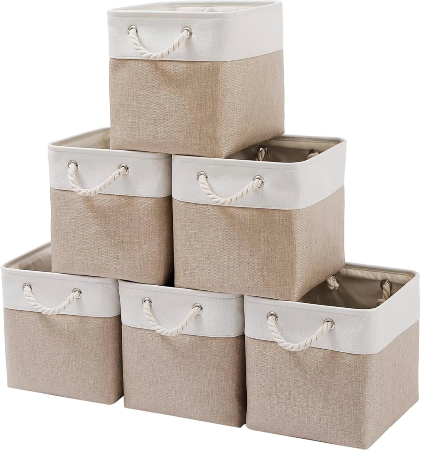 Mangata Canvas Storage Boxes, 9.8 Inch Cube Storage Bins Set of 6 for 10 Inch Cabinets, Fabric Baskets with Cotton Rope Handle for Organizing Clothes Nursery Home (Khaki/White)