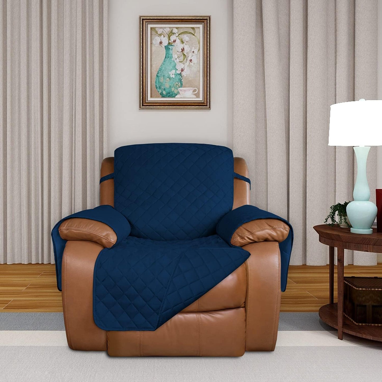 PureFit Reversible Quilted Oversized Recliner Sofa Cover, Water Resistant Furniture Protector, Washable Couch Cover with Elastic Straps for Kids, Pets (Large, Classic Navy/Navy)