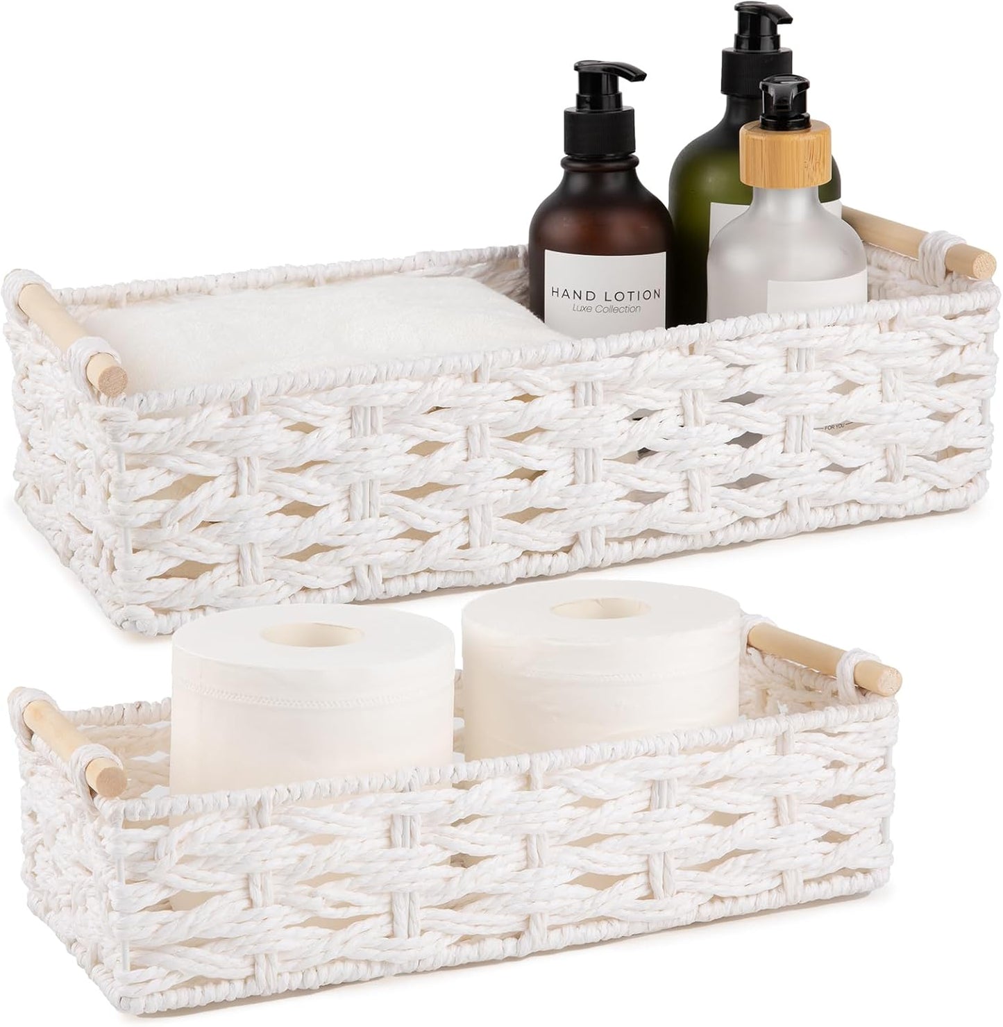 OIAHOMY Toilet Paper Baskets Handmade Paper Rope Decorative Wicker Storage Tank Shelf Cabinet Organizer for Bathroom Home, Set of 2, White