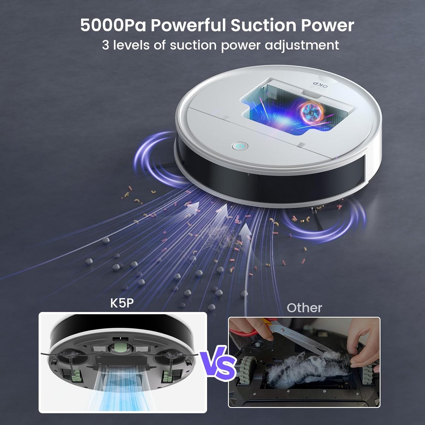 OKP K5 Pro Robot Vacuum and Mop, 3 in 1 Mopping Robotic Vacuum with 5000Pa Suction Power, 180 Mins Runtime, Quiet Design, Wi-Fi/APP/Alexa/Remote Control, Good for Hard Floors and Pet Hair Pick Up