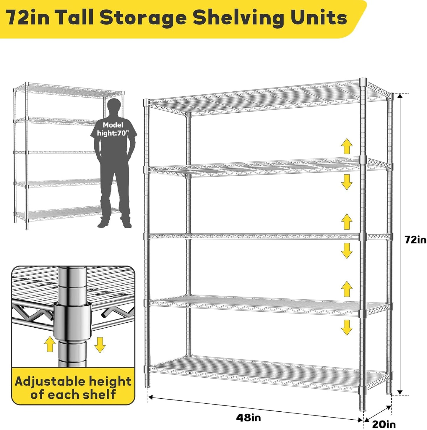 Storage Shelves, 48" L x 20" W x 72" H Heavy Duty Garage Wire Shelving Unit Loads 2000LBS, 5-Tier Adjustable Metal Industrial Utility Shelf Rack for Kitchen, Laundry Room, Basement