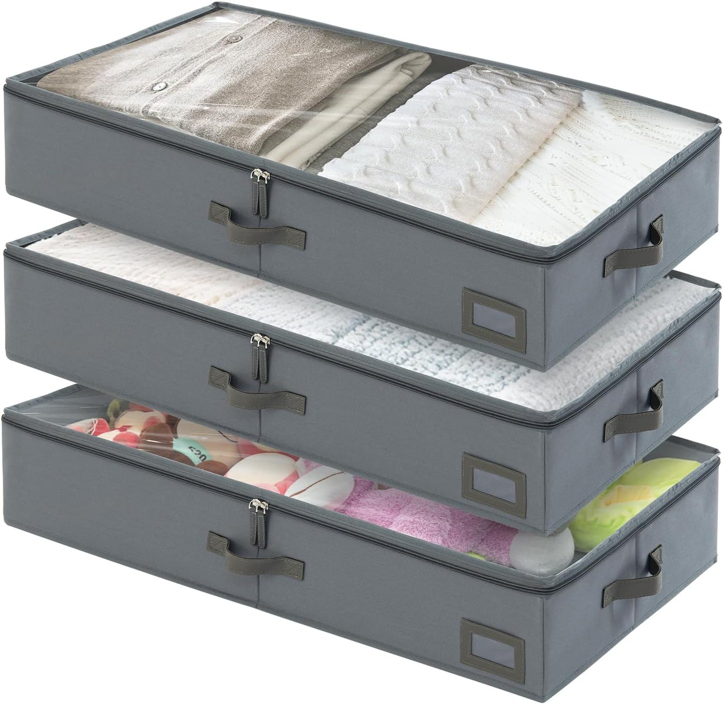 6-Inch Under Bed Storage Containers (3-Pack) | Sturdy Sidewalls | Clear Cover & Label Holder | Underbed Organizer for Crib/Couch | Stores Clothing/Blankets/Wrapping Paper/Toys
