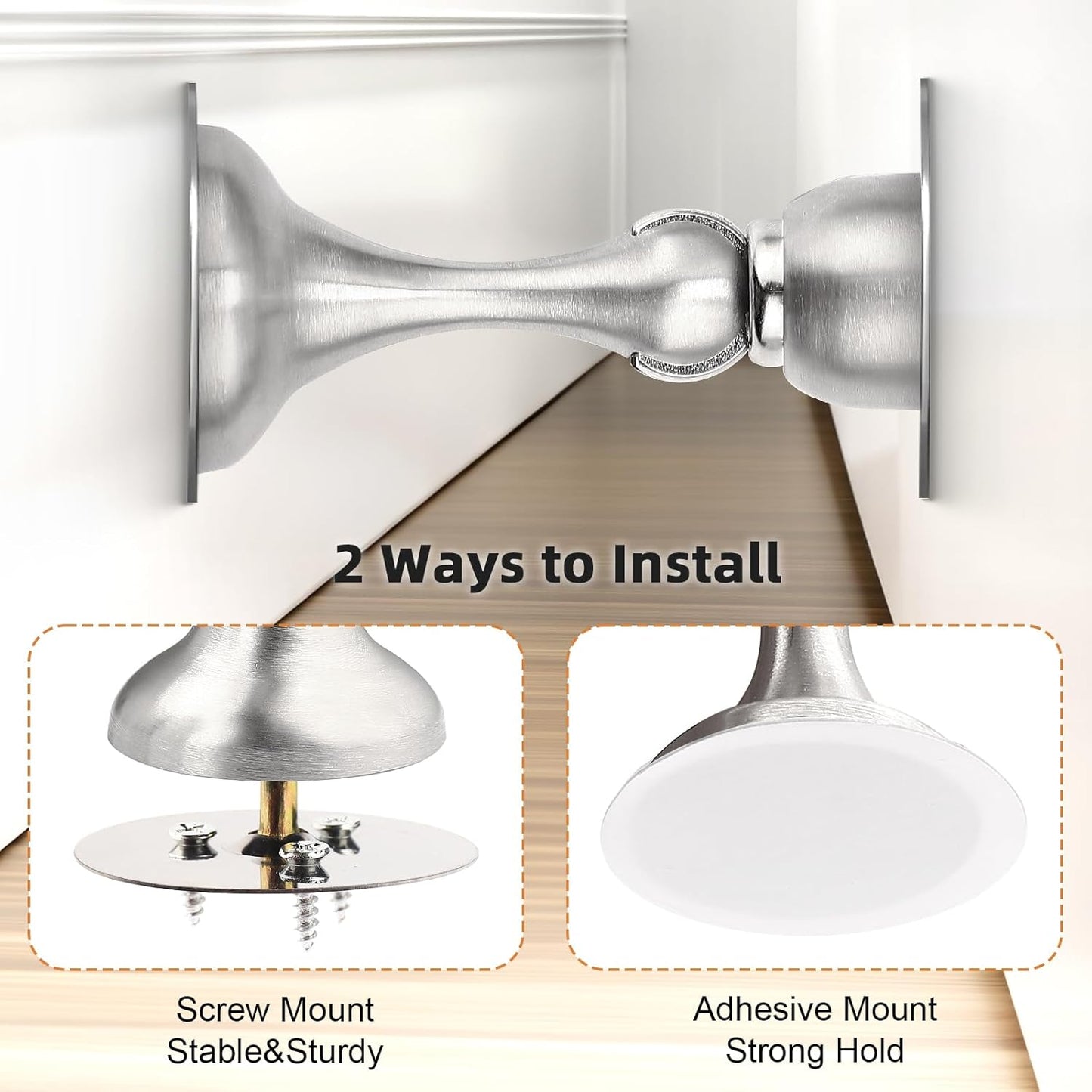 Probrico Brushed Nickel Magnetic Door Stoppers for Bottom of Door, Stainless Steel Magnet Door Catch Door Stops to Keep Door Open, Heavy Duty Door Holder, Wall and Floor Mounting, 6 Pack