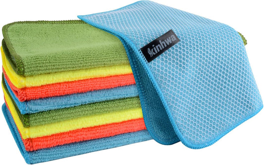 KinHwa Kitchen Washcloths for Dishes Absorbent Microfiber Dish Cloths Quick Dry Dish Rags with Poly Scour Scrub Side Ideal for Kitchen Cleaning (Mixing Colors #1, 9inchx9inch 9 Pack)