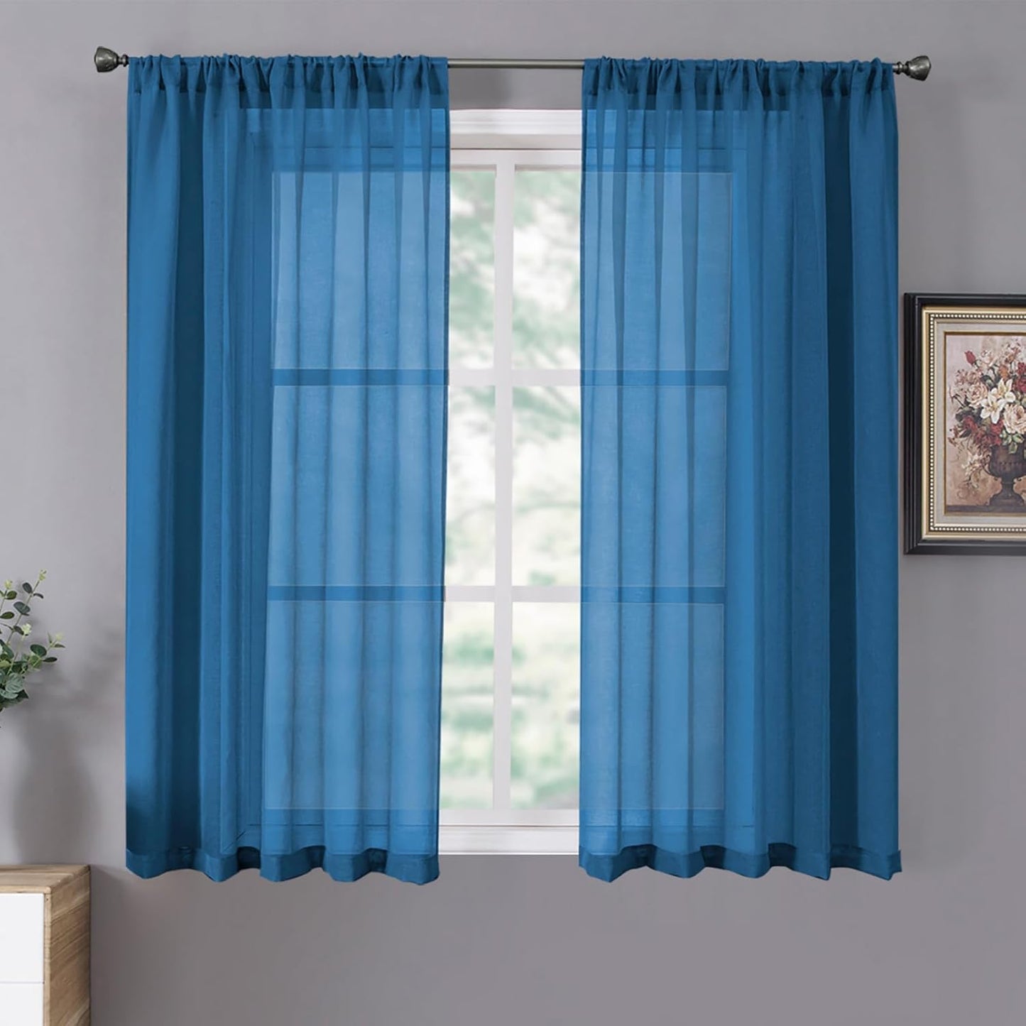 Tollpiz Sheer Curtains Living Room Linen Textured Curtain Sheers Light Filtering Voile Rod Pocket Curtains for Bedroom, 38 x 63 inches Long, Classic Blue, Set of 2 Panels