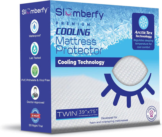 Twin Size Waterproof Cooling Mattress Protector by Slumberfy - Premium Skin-Safe Cover, Natural Fabric with ArcticTex Technology, Noiseless Quilted Cover – 39x75 in.
