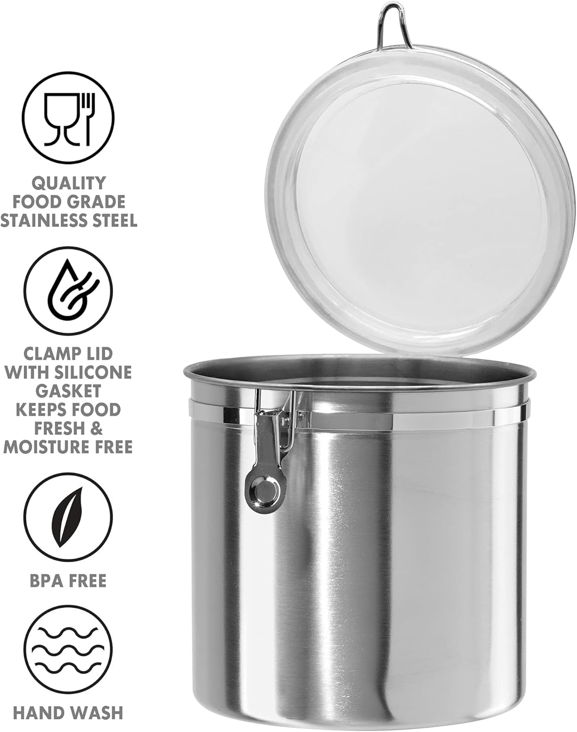 Oggi Stainless Steel Kitchen Canister 152 fl oz - Airtight Clamp Lid, Clear See-Thru Top - Ideal for Kitchen Storage, Food Storage, Pantry Storage. Jumbo Size 8" x 8".