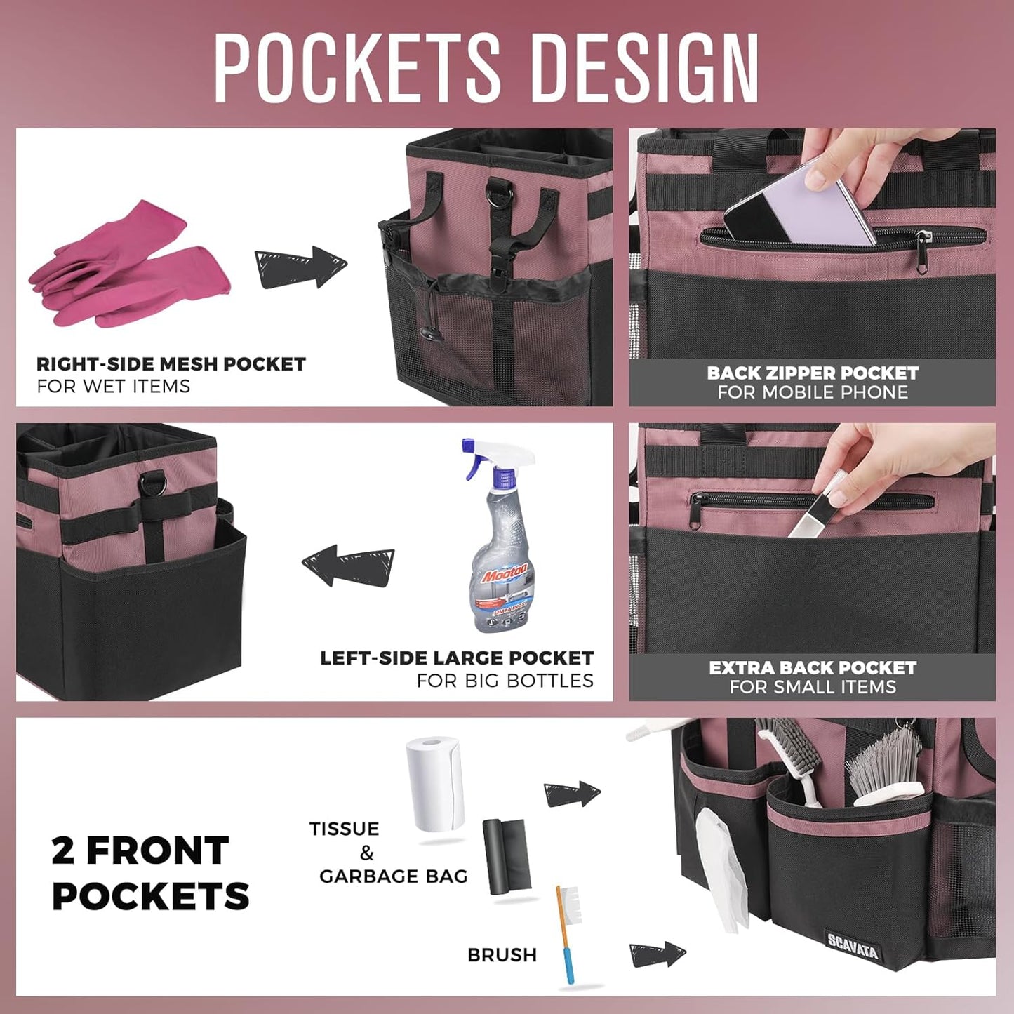 Compact Wearable Cleaning Caddy, Small Cleaning Caddy Supplies Organizer with Handle & Shoulder Straps for Housekeepers, Under Sink & Car Cleaning Tool Organizers Bag (LotusPink)
