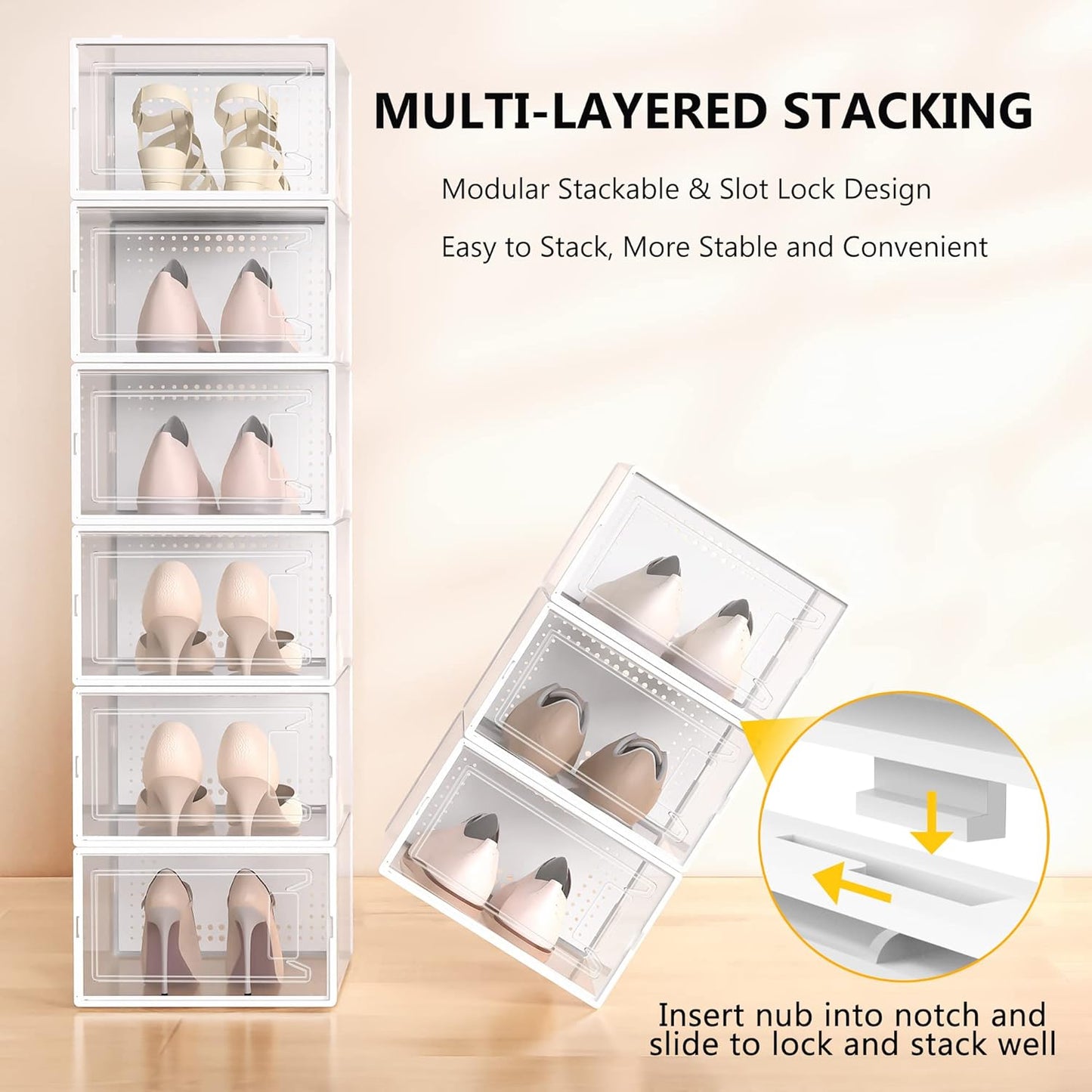Secret Space 12 Pack X Large Shoe Organizer Storage Boxes for Closet, Modular Space Saving Shoe Boxes Clear Plastic Stackable Sneaker Containers Display Case with Lids, White