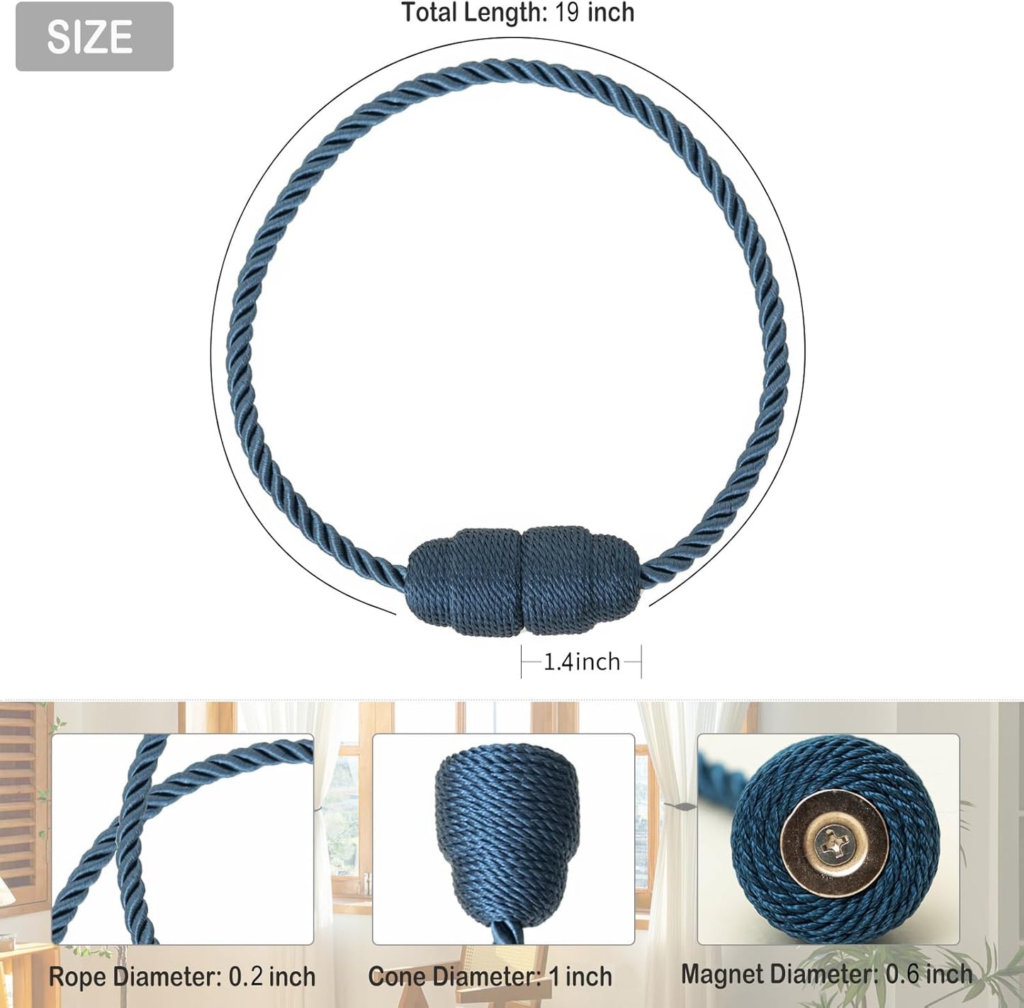 Magnetic Curtain Tiebacks - Rope Tiebacks for Curtains & Drapes, Decorative Window Holdbacks (4 Pack, Blue)