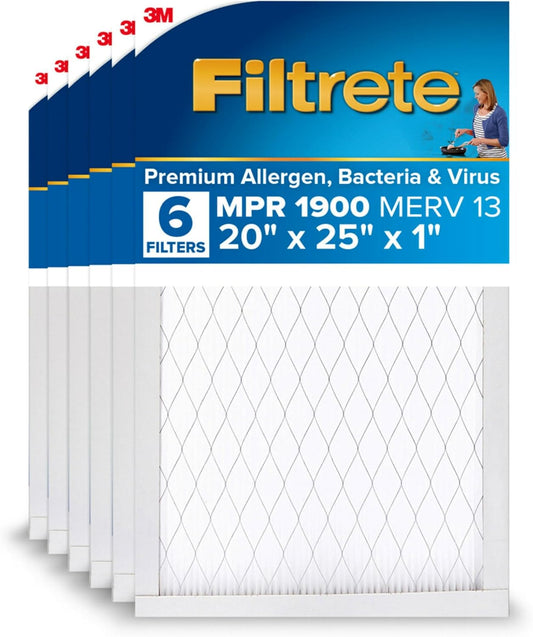 Filtrete 20x25x1 AC Furnace Air Filter, MERV 13, MPR 1900, Premium Allergen, Bacteria & Virus Filter, 3-Month Pleated 1-Inch Electrostatic Air Cleaning Filter, 6-Pack (Actual Size 19.69x24.69x0.78 in)
