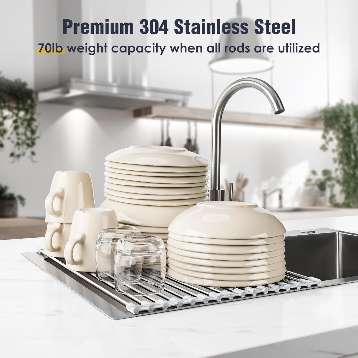 Tomorotec Stainless Steel Roll-Up Dish Drying Rack Marble Color Silicone Edges, Foldable Kitchen Rack Heat Resistant Trivet Supports up to 70 lbs, Food Safe for Dishes, Cookware & More