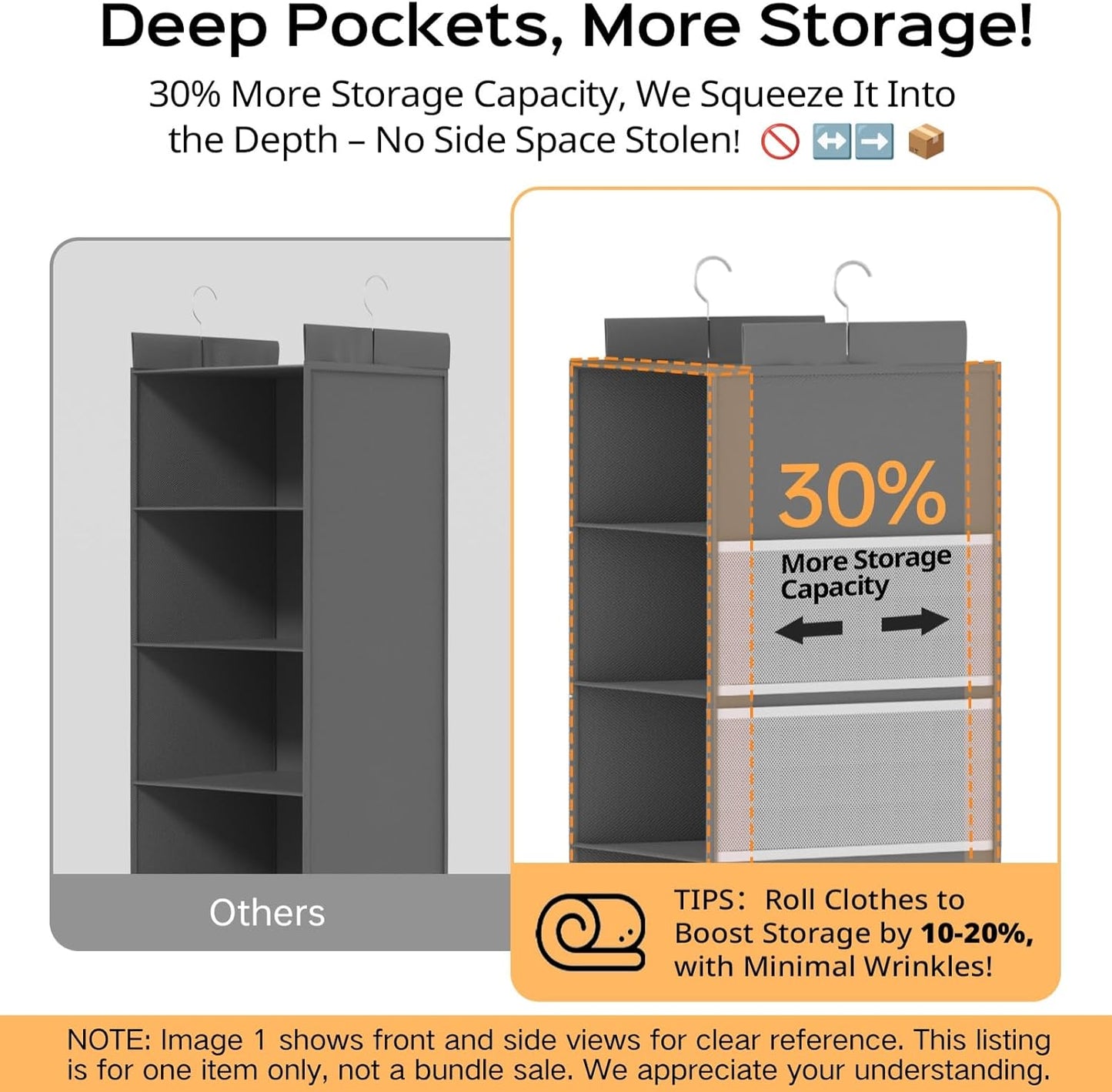 Extra Deep Hanging Closet Organizer with 6 Shelves and Oversized Mesh Pockets, Heavy-Duty Structure, No Deformation, Max Storage for Clothes, Shoes, Hats, Dorms and RVs, Grey,1-Pack