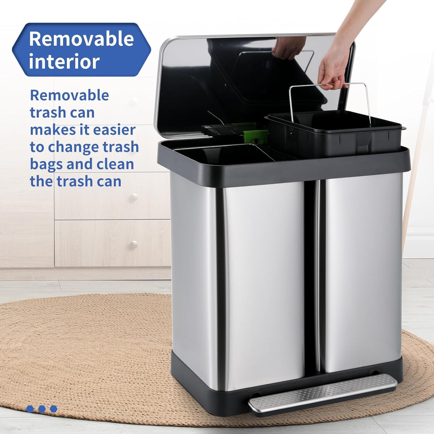 16 Gallon Dual Compartment Trash Can, Hands-Free Recycling Rectangular Garbage Bin, Stainless Steel Step-On Dustbin with Soft-Close Lid, Removable Inner Buckets, for Kitchen Home