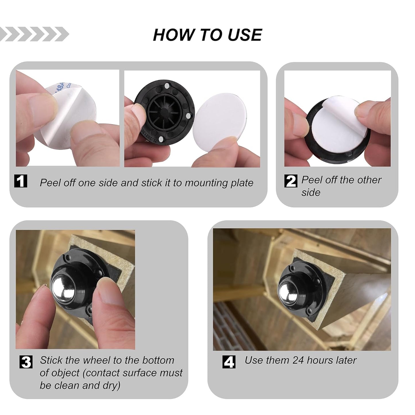 PlusRoc 4 Pack 1 Inch Self Adhesive Paste Caster Wheels for Furniture Kitchen Appliance Rollers, Load Capacity 28LBS Per Wheel, Low Profile Swivel Wheels for Bucket Storage Bins