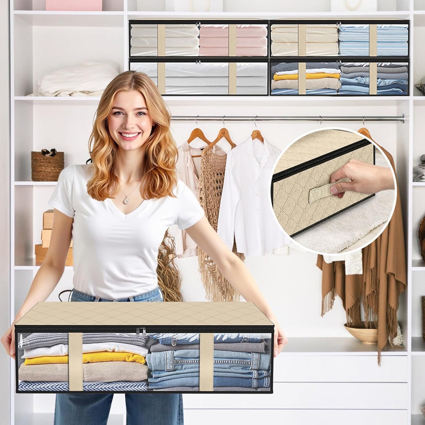 StorageRight Under Bed Storage Bins, 8-Pack 40L Foldable Fabric Storage Bags with Transparent Window, Breathable Organizer for Clothes/Blanket/Comforter/Quilts,Beige