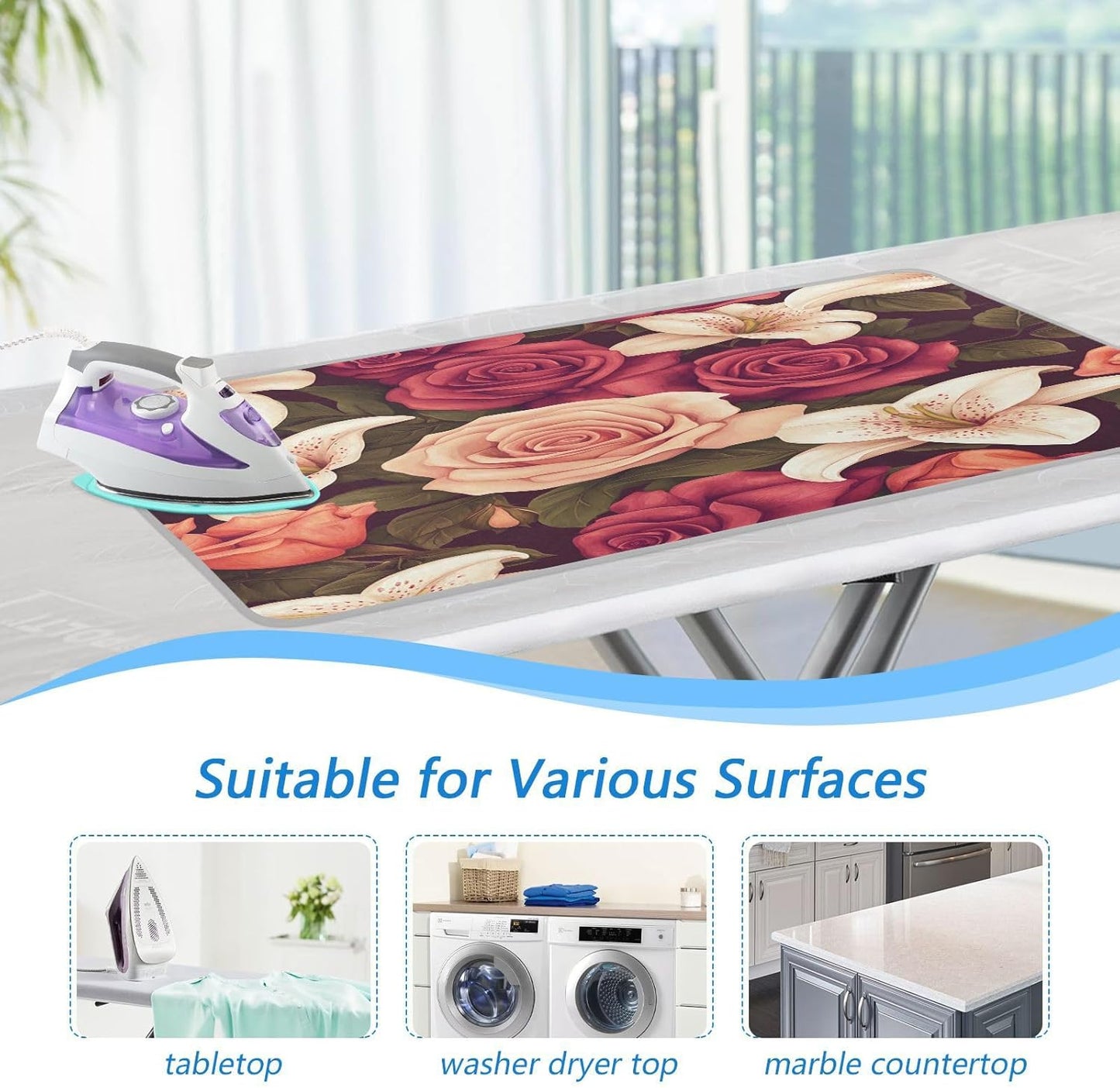 Roses and Lily Flowers Ironing Mat Thickened Ironing Blanket Travel Portable Double-Side Using Ironing Pad Travel Isolate Heat Pad Cover for Washer Dryer Table Top Countertop 27.6x47.2in