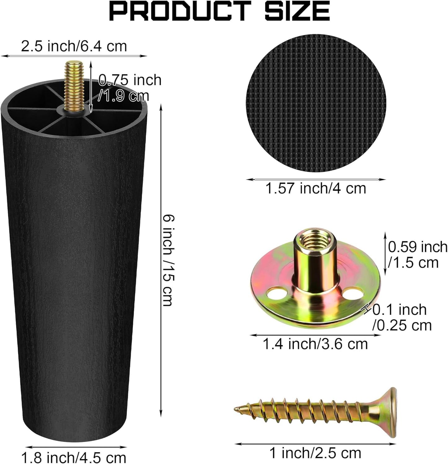 TURSTIN 8 Pack 6 Inch Plastic Furniture Legs with M8 T-Nuts Screws Tapered Sofa Couch and Chair Legs Replacement Furniture Legs for DIY Projects Sofas Coffee Tables Dressers Beds