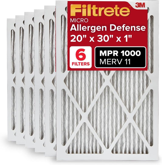 Filtrete 20x30x1 AC Furnace Air Filter, MERV 11, MPR 1000, Micro Allergen Defense, 3-Month Pleated 1-Inch Electrostatic Air Cleaning Filter, 6 Pack (Actual Size 19.81 x 29.81 x 0.81 in)