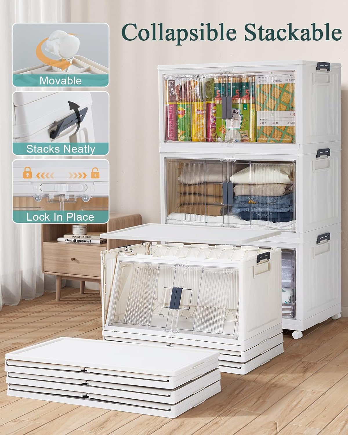 OlarHike 97QT Stackable Storage Bins with Lids - Folding Storage Box with Doors and Wheels, Collapsible Plastic Storage Drawers for Closets, 3 Pack Cubes