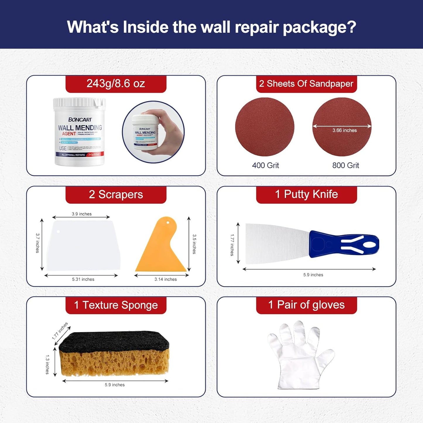 8.6oz Drywall Patch Repair Kit - Professional All-in-1 Tool Set (Scrapers/Sandpaper/Texture Sponge/Gloves/Putty Knife) for Fast Wall Hole Repair