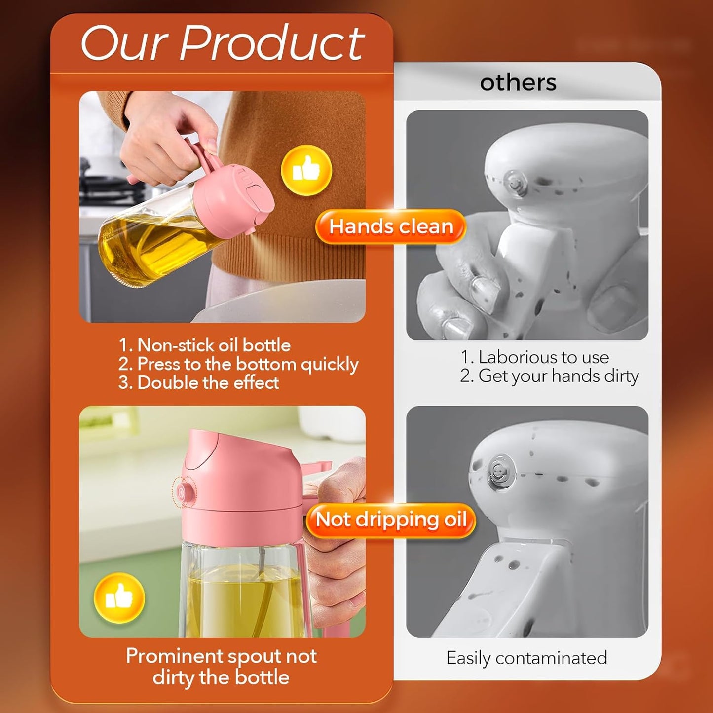 YARRAMATE 2Pcs 16oz/470ml Glass Olive Oil Sprayer for Cooking with Stickers, 2 in 1 Oil Dispenser for Kitchen Gadgets, Food Grade Premium Spray Bottle with Portion Control for Salad, BBQ (Pink&Black)