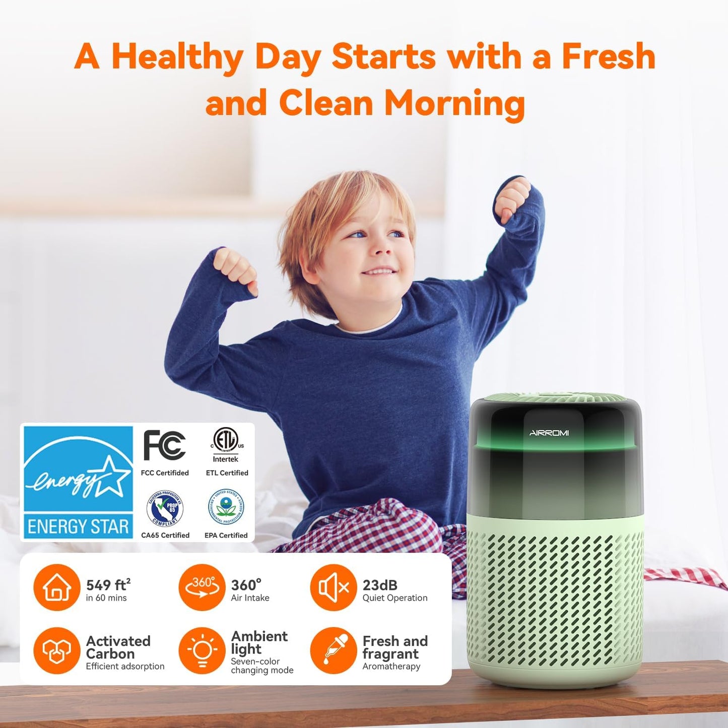 AIRROMI Air Purifier for Bedroom Home,HEPA Filter,Covers Upto 549 Ft²,Quiet 360°intake Air Cleaner with Fragrance ponge for Better Sleep,Night Light,Filters Smoke,Pet Dander,Allergies,Dust,A2005 Green