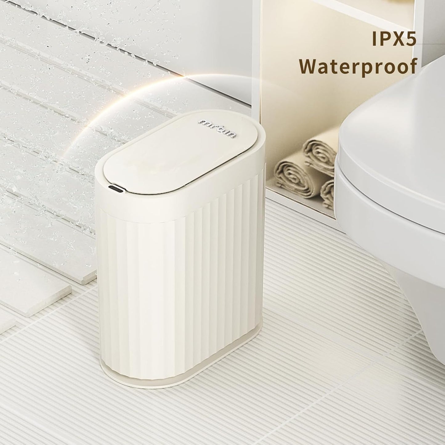 MRBIN Small Trash Can for Bathroom, Automatic Touch Less Garbage Bin with Lid, 2 Gallon Plastic Slim Waste Basket for Office and Kitchen, Electric Motion Sensor Bedroom Bin, Cream White