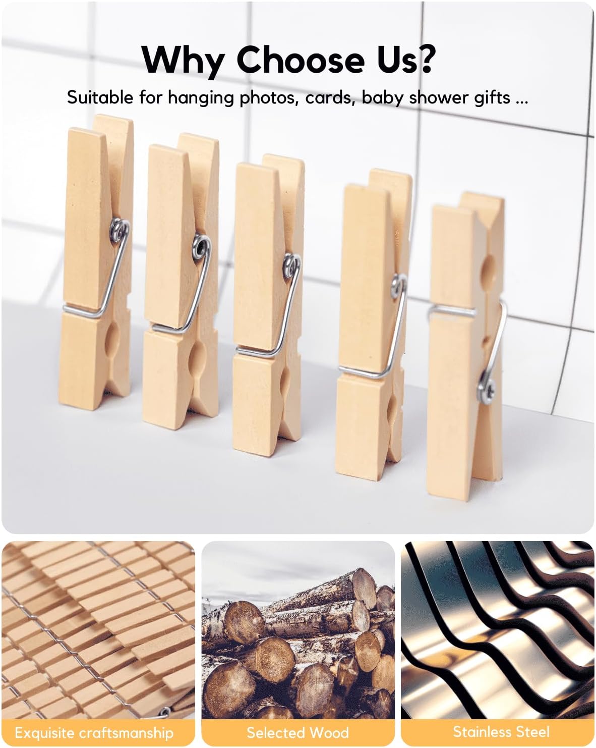 Clothes Pins Wooden Clothespins for Photo 1.77 Inch 50 PCS, Small Wood Clips Close Pin for Classroom Crafts Project Decorations Hanging Pegs 1 3/4"