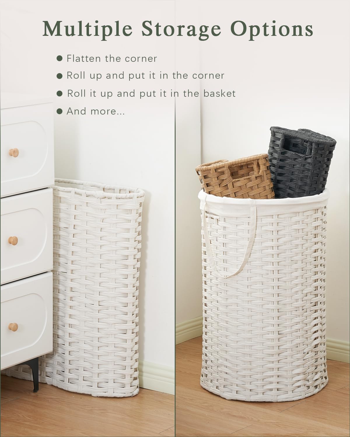 Laundry Hamper with Lid Wicker Laundry Hamper Round 26.5 Gal (100 L) Laundry Basket Handwoven Rattan Laundry Basket with Removable Bag Handles 2 Mesh Bags for Living Room Bedroom White