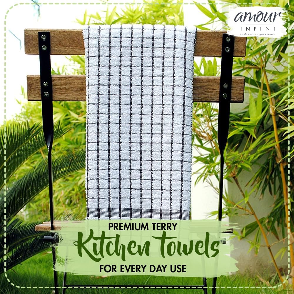 AMOUR INFINI Kitchen Towels Set of 4 - Highly Absorbent, Super Soft Terry Cotton 20x28 Inch Dish Towels with Hanging Loop - Hand & Tea Towels for Cleaning & Drying Dishes (D.Grey)