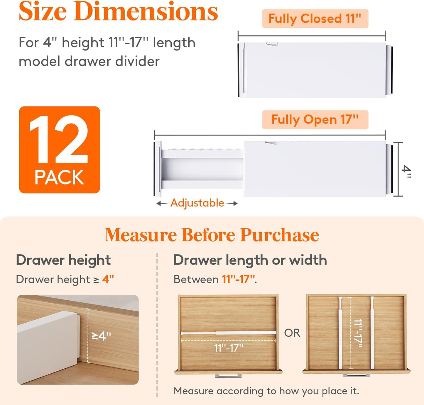 Lifewit 12 Pack Drawer Dividers 4" High,11-17" Adjustable Dresser Drawer Organizers for Clothes, Expandable Dresser Separators in Bedroom/Bathroom/Kitchen/Vanity/Office Organization and Storage, White