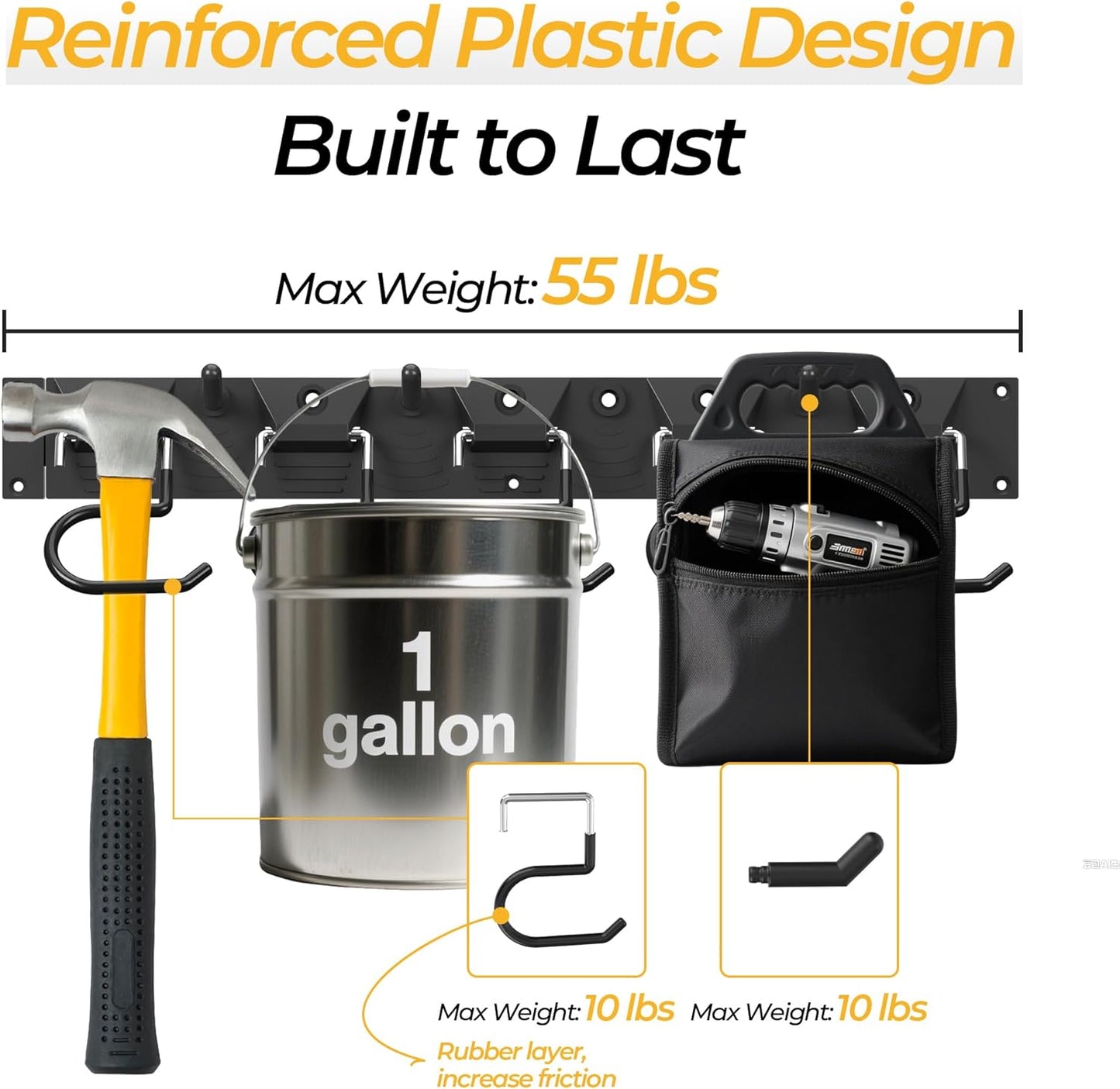 34 Inch Garden Tool Organizer Wall Mount with Non Slip Rubber Coated Metal Hooks, Storage Rack for Indoor/Outdoor Shovel, Rake, Mop and Broom Holder Wall Mount （ 10 Hooks+10 Holders